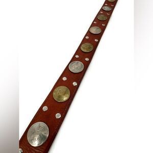 Vintage Coined Leather Belt Coins World International Brown Silver 30.5”-37”